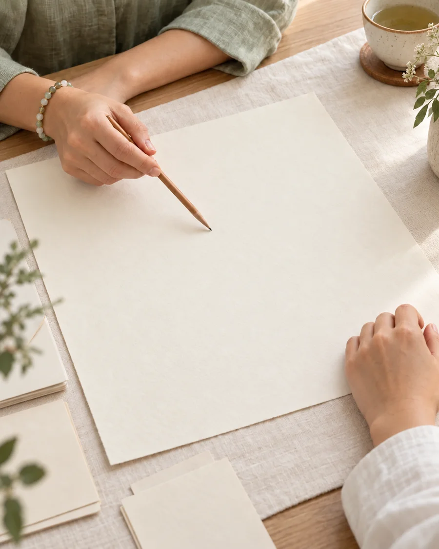 Two people discussing questions over a blank sheet of paper