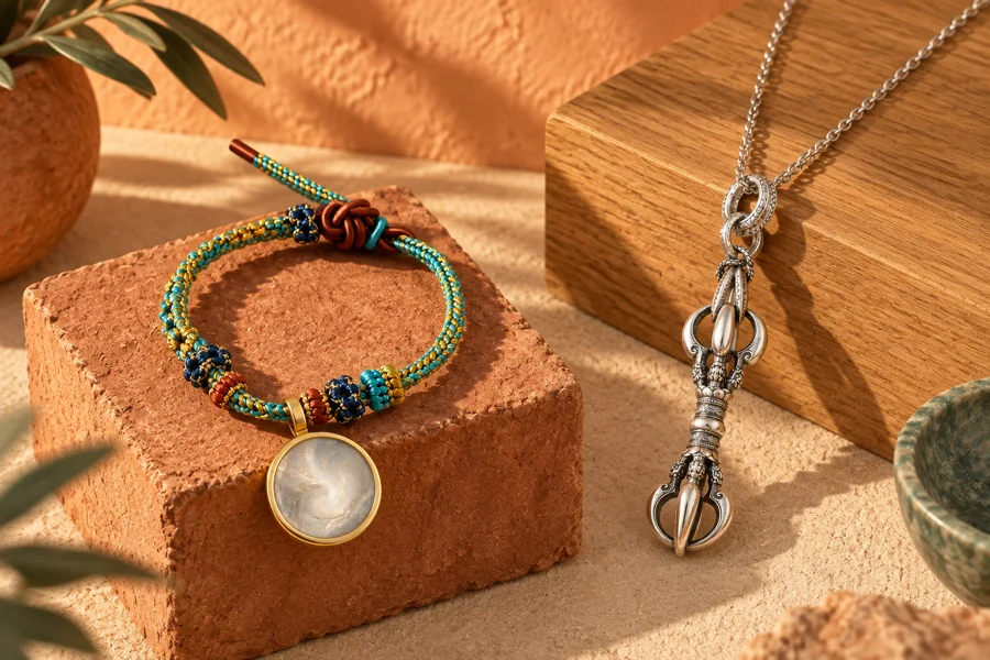 Braided charm bracelet and silver Vajra necklace in warm sunlight